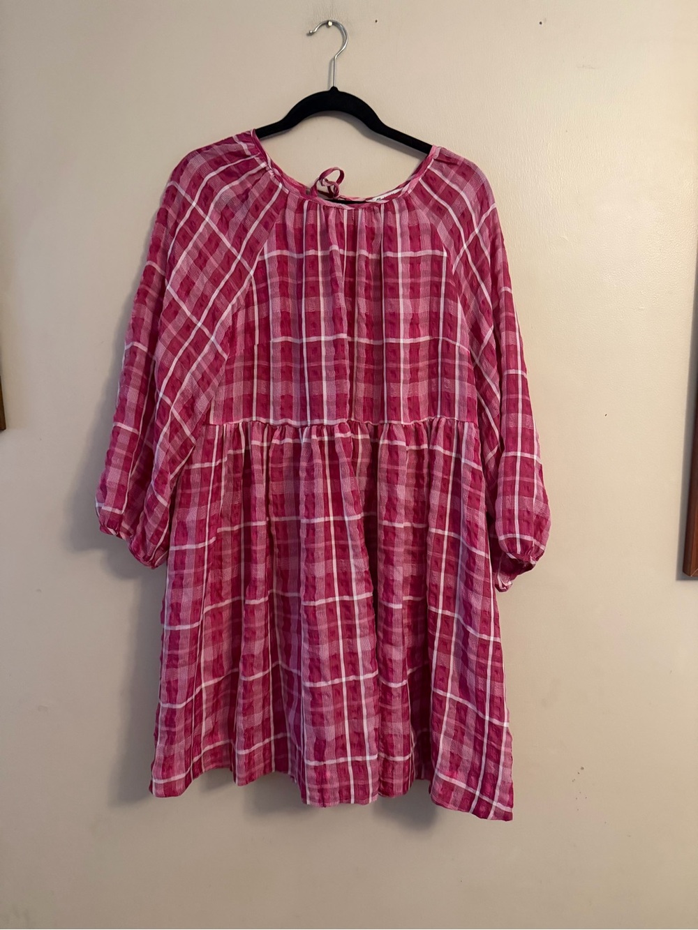 Madewell Pink and White Plaid Tiered Mini Dress